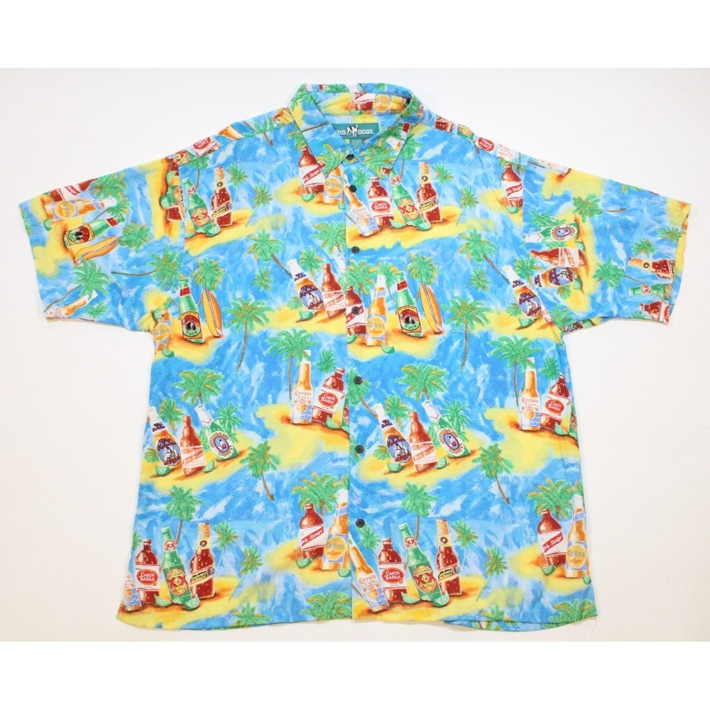 BIG DOGS‎ Hawaiian Shirt Men's 1X/2X Beer Bottles Palm Trees Surf Boards Vintage